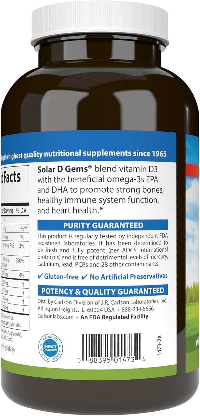 Carlson - Solar D Gems Vitamin D3 and Omega-3 Supplement 2000 IU (50 mcg) Vitamin D3 115 mg Omega-3s EPA and DHA Supplement Wild Caught Sustainably Sourced Lemon 360 Softgels