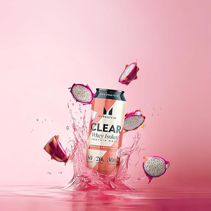 Myprotein Clear Whey Isolate Ready-to-Drink Protein Tropical Dragonfruit 16 Fl Oz Pack of 12 20g Protein 80 Calories Sugar-Free Refreshing Fruity Flavored Beverage for Superior Performance