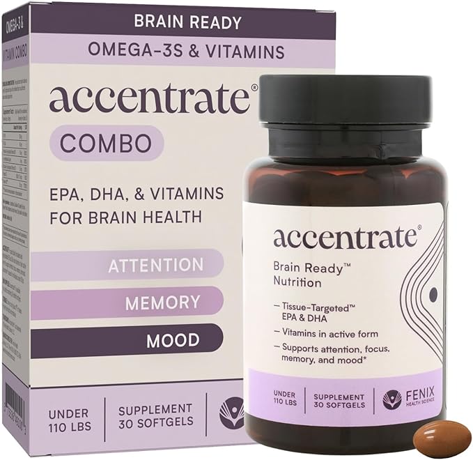 Brain Supplement for Natural Focus &amp Attention | for Kids | Active B Vitamin &amp Omega-3 Combo | Vitamin B Complex w/Omega 3 Fatty Acids EPA &amp DHA | Omega-3s in Small Pill | L-MTHF B12 P5P