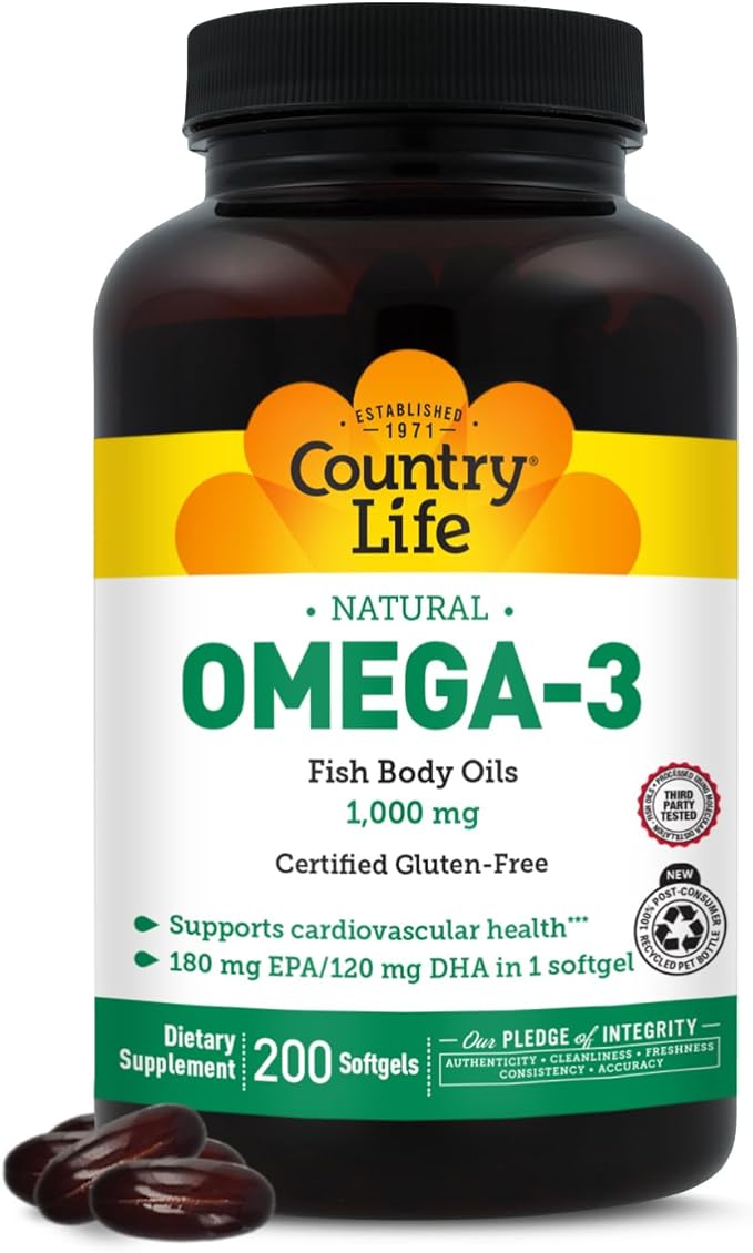 Country Life Omega-3 Fish Oil Supplement 1000mg 180mg EPA &amp 120mg DHA Fish Oil Concentrate Burpless 200 Softgels Certified Gluten Free