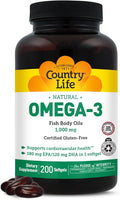 Country Life Omega-3 Fish Oil Supplement 1000mg 180mg EPA &amp 120mg DHA Fish Oil Concentrate Burpless 200 Softgels Certified Gluten Free