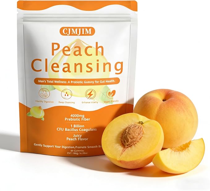 Peachy Clean Fiber Gummies with Prebiotic for Men Peach Flavored Digestive Support &amp Detox Gummy Supplement 60 Vegan Gummy Bears for Regularity &amp Gut Health (1)