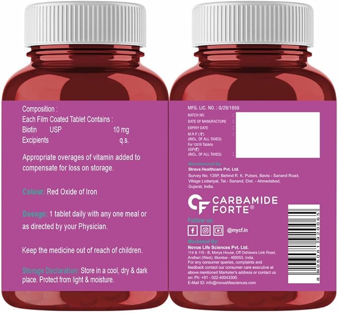 Carbamide Forte Biotin 10000mcg (High Potency) per Veg Tablet - Supports Hair Growth Glowing Skin and Strong Nails - Biotinova (120 Tablets)
