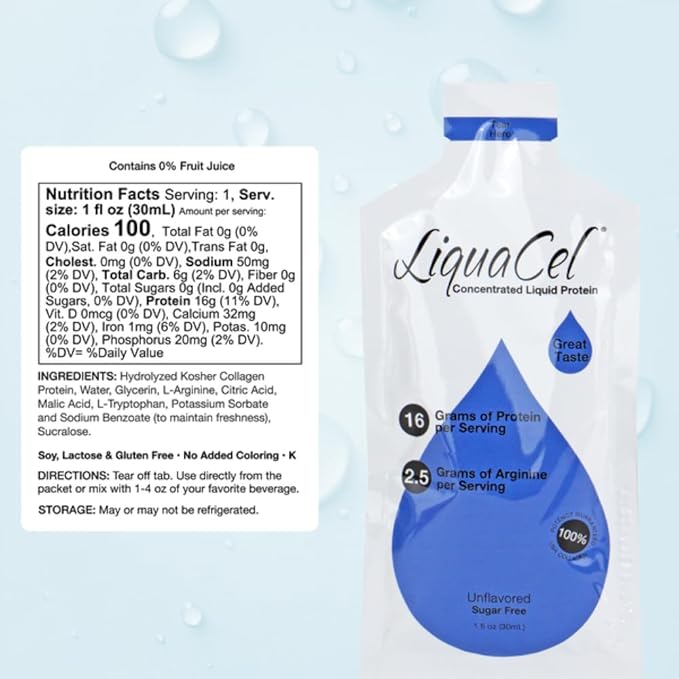 LiquaCel Concentrated Liquid Protein Unflavored 16g Hydrolyzed Collagen Protein and 2.5g Arginine Per Single-Serving Packet Sugar &amp Gluten Free 1fl oz Packets 100ct Case