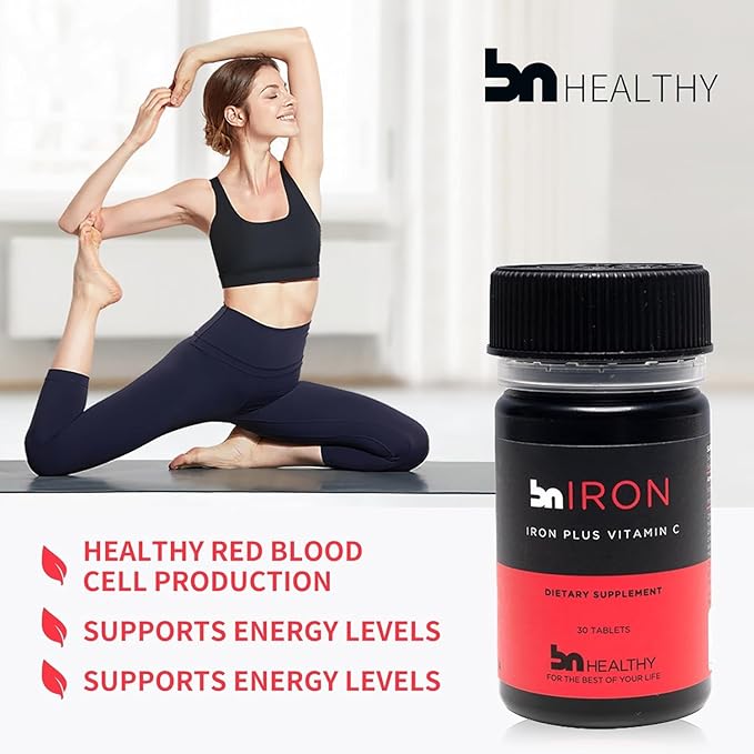 BNHealthy Iron &amp Vitamin C Tablet 2-Pack - Premium Bisglycinate Supplement with Vitamin C - 60 Tablets for Enhanced Energy and Iron Absorption