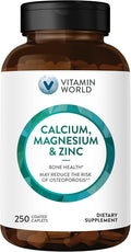 Vitamin World Calcium Magnesium ZincPromotes Bone Health 250 Coated caplets