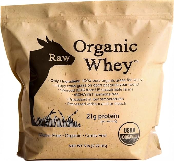 Raw Organic Whey Protein Powder Grass Fed Happy Healthy Cows Undenatured Hormone Free Non-GMO Gluten Free Unflavored Unsweetened Protein 5LB