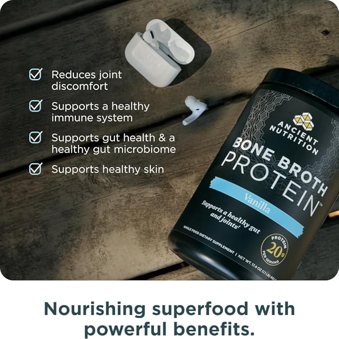 Ancient Nutrition Grass Fed Cage Free Bone Broth Protein Powder 20g Protein Hydrolyzed Collagen Peptides Keto &amp Paleo Friendly Supports Joint Gut Health Vanilla 20 Servings