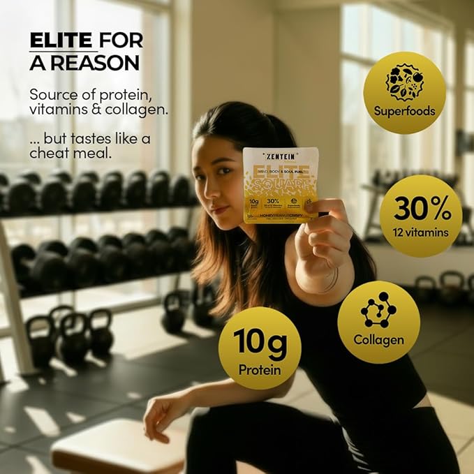 Zentein Elite Square Protein Peanut Butter &amp Honey Snack Square Bar – Crispy Rice and Superfood Blend – 10g Protein 12 Essential Vitamins 150 Calories – 12‑Count Box
