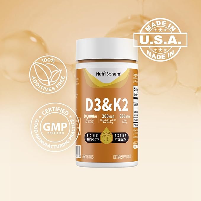 NutriSphere Vitamin D3 &amp K2 (MK-7) - 10000 IU + 200 mcg Supplement D&ampK Easy to Swallow Supports Calcium Absorption - 365 Softgels (1 Year Supply)
