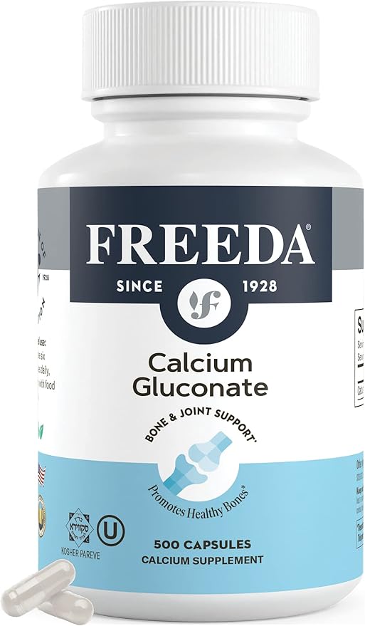 Freeda Calcium Gluconate – Kosher Vegan Calcium Supplement – Easy to Digest &amp Absorb – Supports Bone Strength – Pure Calcium Without Vitamin D – (500 Capsules)