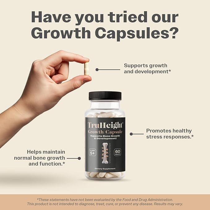 TruHeight Growth Capsules - Tall Nutrition for Natural Growth Supplement for Kids &amp Teens - Pediatric Vitamin D K Calcium &amp Ashwagandha - Bone Strength - Kids Vitamins D3 K2 Pills Taller Ag