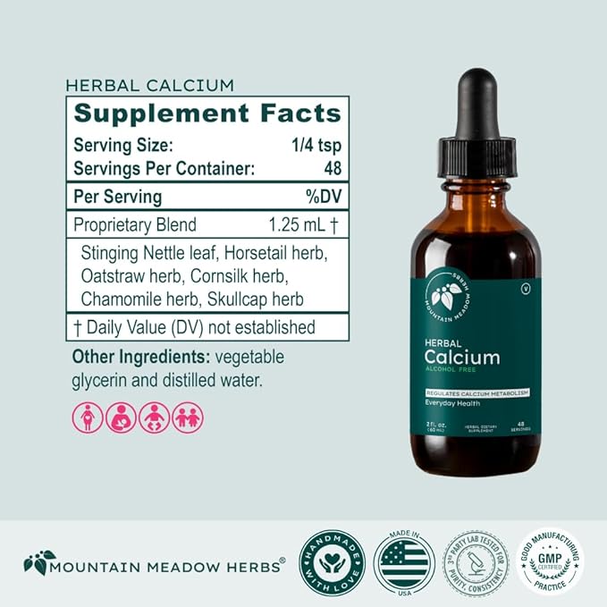 Mountain Meadow Herbs Herbal Calcium – Vegan Liquid Calcium Supplement for Bone &amp Teeth Support High Absorption Plant-Based Formula for Adults &amp Kids - 2 oz