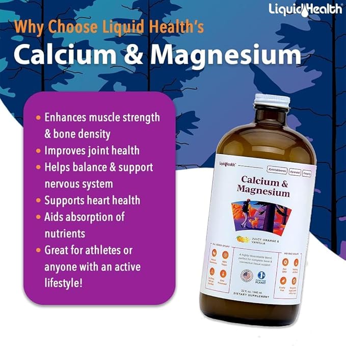 LIQUIDHEALTH Calcium &amp Magnesium Adult Liquid Vitamin Supplement - Bone Joint Muscle Connective Tissue Support Heart Health Essential Nutrients - Made in USA Vegan Non GMO No Sugar (3 Pack