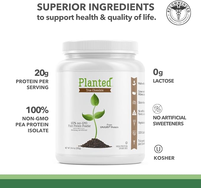 Unjury Planted Vegan Protein Powder | 20g Chocolate Pea Protein Powder | Low Sugar and Plant Based | Gluten and Dairy Free | Non-GMO | 20 Servings