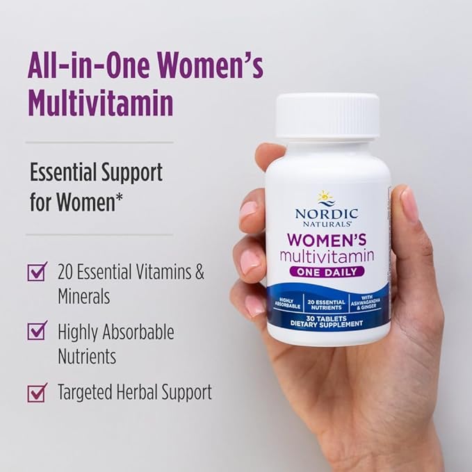 Nordic Naturals Women’s Multivitamin One Daily - Skin Hair Energy &amp Bone Support - Immunity Supplement - 20 Essential Nutrients - 30 Tablets - 30 Servings