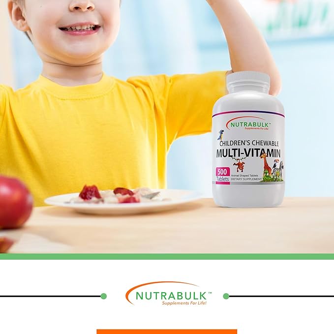 NutraBulk Children’s Chewable Multi-Vitamins - Promoting Kids' Overall Development - USA-Made May Help to Support Immune Bone Brain &amp Overall Well Being- Vegan &amp Gluten Free - 500 Cherry Ta