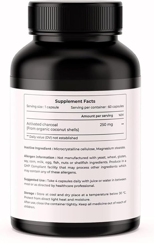 Activated Charcoal Capsules Supports Bowel Detoxification - 250 mg - 60 Capsules