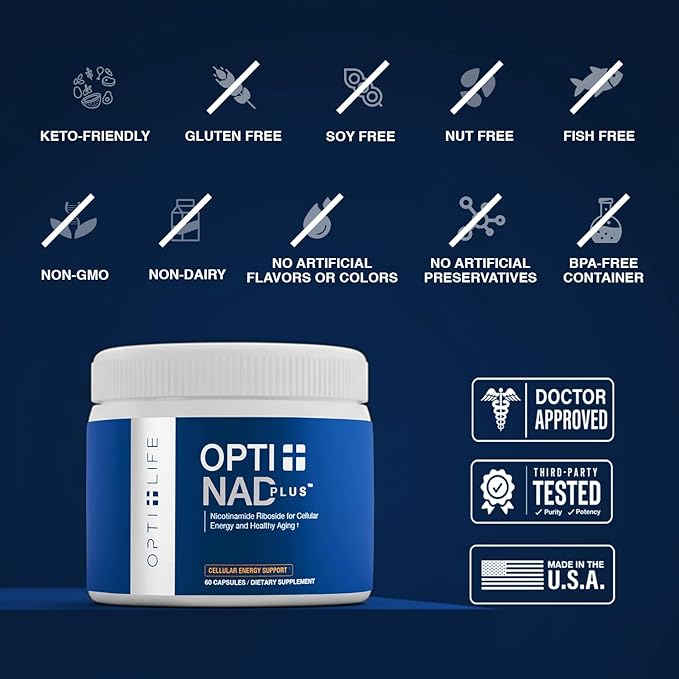 Opti + NAD Plus Capsules | NAD+ Supplement with Nicotinamide Riboside Chloride | Support Energy Healthy Aging Metabolism &amp Vitality* | 60 Capsules/30 Servings