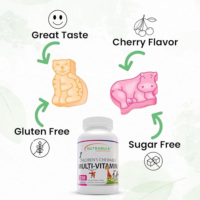 NutraBulk Children’s Chewable Multi-Vitamins - Promoting Kids' Overall Development - USA-Made May Help to Support Immune Bone Brain &amp Overall Well Being- Vegan &amp Gluten Free - 250 Cherry Ta