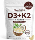 Real Good Essentials Vitamin D3 K2 D3 K2 Vitamin 10000 Iu Extra Strength 2-In-1 D&ampK Complex with Virgin Coconut Oil Free Of Gmo Gluten Soy Bone Health Supports Calcium Absorption 300 Softg