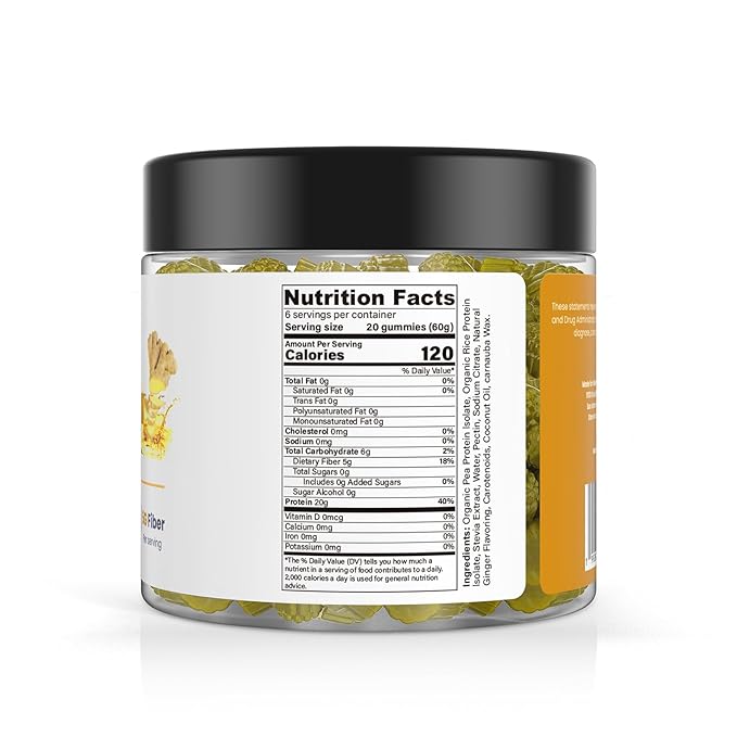 120 Sugar Free Protein Ginger Gummies with 1g per gummy &amp High Fiber | High Protein Snacks| Healthy Snacks for Adults| Plant Based | Fiber Gummies for Adults| Low carb 1g Net Carb Stevia Natural