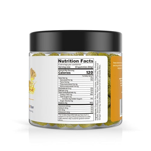 120 Sugar Free Protein Ginger Gummies with 1g per gummy &amp High Fiber | High Protein Snacks| Healthy Snacks for Adults| Plant Based | Fiber Gummies for Adults| Low carb 1g Net Carb Stevia Natural