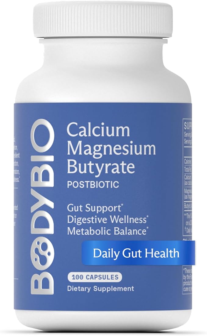 BodyBio Butyrate - Postbiotic for Gut Health Digestive Support Bloat Gas &amp Constipation Relief Leaky Gut Repair - Calcium Magnesium + Butyric Acid Supplement for GI Wellness
