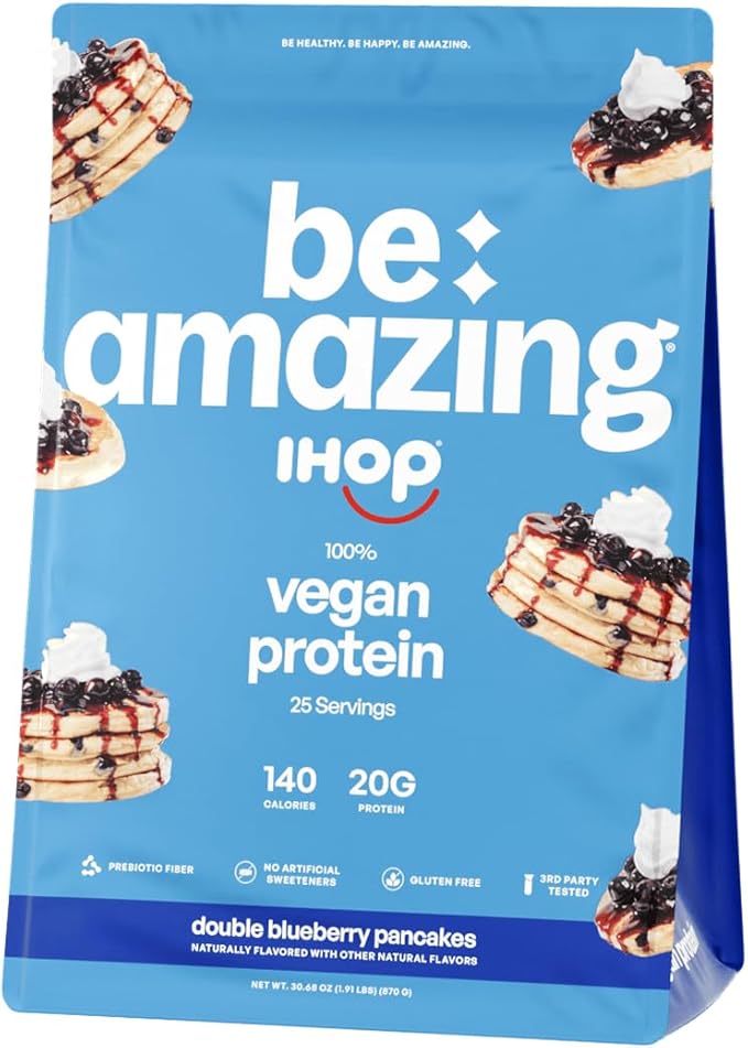 BE AMAZING Vegan Protein Powder IHOP Double Blueberry Pancakes 20g Plant Based Protein with Prebiotic Fiber Low Carb Dairy and Gluten Free Shake Mix No Added Sugar 29.3 oz 25 Servings