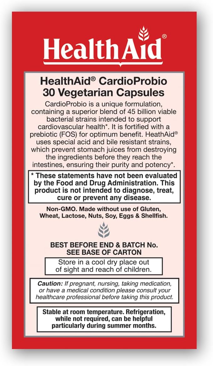 HealthAid CardioProbio – Heart &amp Microbiome Support Probiotic Supplement 45 Billion CFU 12 Vegan Strains + Prebiotic 30 Vegetarian Capsules