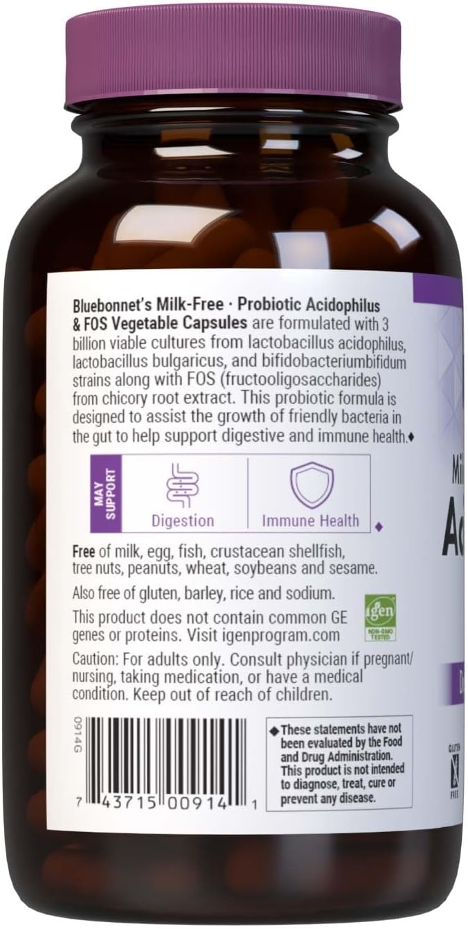 Bluebonnet Nutrition Milk-Free Probiotic Acidophilus &amp FOS Digestive Health* Immune Health* Gluten-Free Soy-Free Dairy-Free 250 Vegetable Capsules 250 Servings