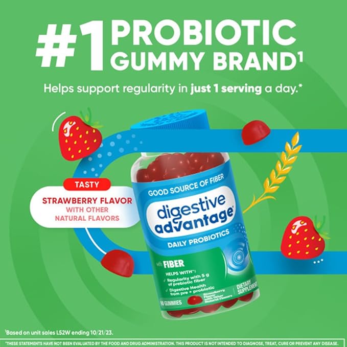 Digestive Advantage Prebiotic Fiber Supplement Strawberry Flavor Gummies with Probiotics for Women &amp Men Digestive Health Adults Regularity and Gut Health 60 Count (3 Pack)