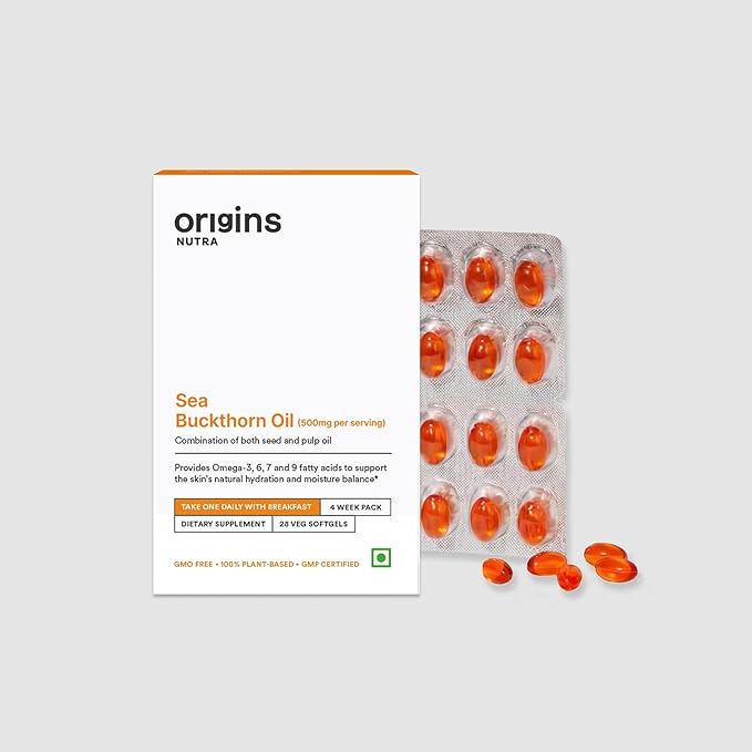 Sea Buckthorn Oil 500 mg | Veg Softgels | Omega 3 6 7 9 from Fruit &amp Seed Extract | Plant-Based | Non-GMO | GMP Certified | 28 softgels