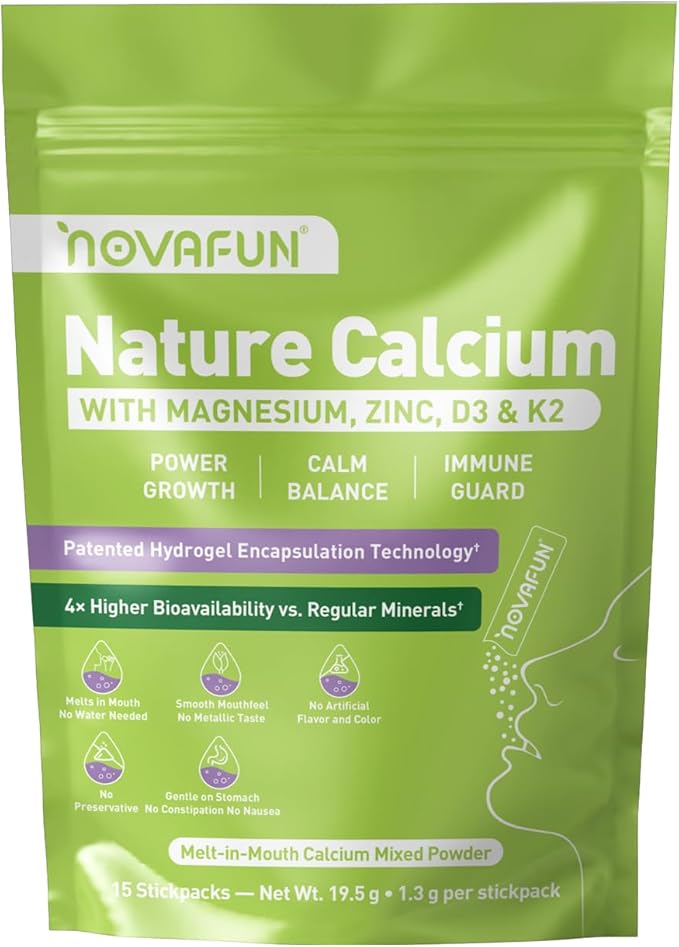 Milk Calcium Powder Supplement with Vitamin D3 &amp K2 MK7 – Hydrogel-Enhanced Absorption Melt-in-Mouth Powder for Bone Strength Gentle &amp Sugar-Free – 15 Stick Packs