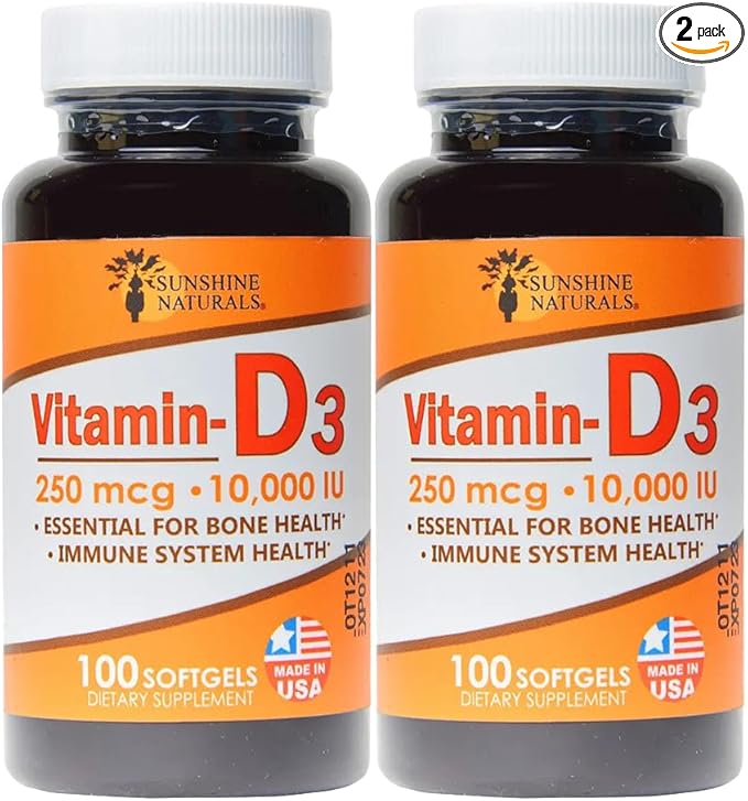 Sunshine Naturals Vitamin D3 Dietary Supplement. High Strength for Immune System Support Bone Health Mood Boost and Muscle Function. 250mcg. 100 Gels. Pack of 2