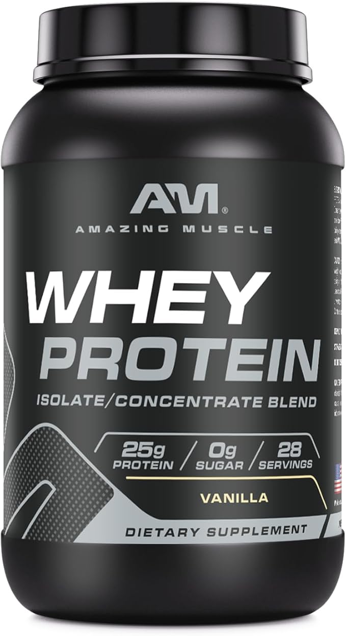 Amazing Muscle 100% Whey Protein Powder *Advanced Formula with Whey Protein Isolate as a Primary Ingredient Along with Ultra Filtered Whey Protein Concentrate (Vanilla 2 lb)