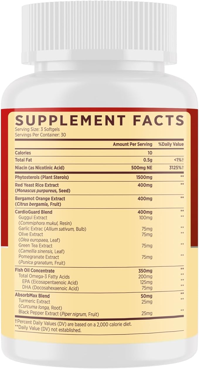 Cholesterol Supplements with Plant Sterols Niacin Red Yeast Rice Bergamot Omega-3 &amp Garlic - Advenced Absorption Formula - 180 Softgels
