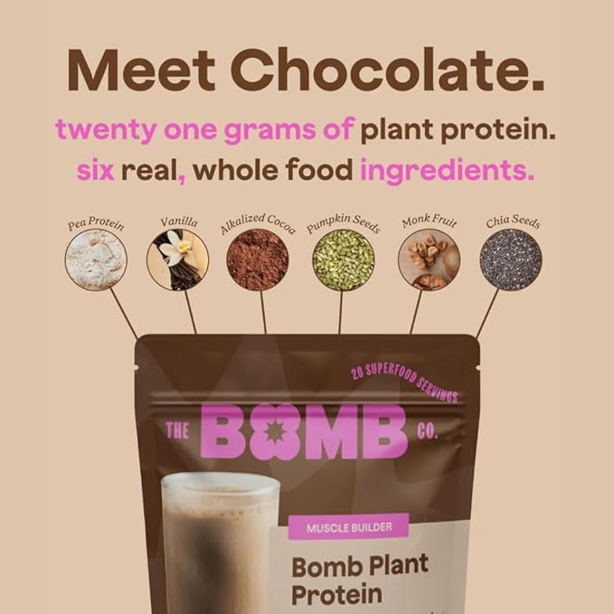 Blender Bombs The Bomb Co. Bomb Plant Protein Chocolate &amp Vanilla Protein Powder with 21g Protein Amino Acids Zero Sugar Pea Protein Cocoa Chia Seeds Vanilla &amp Monk Fruit 60 Srvgs