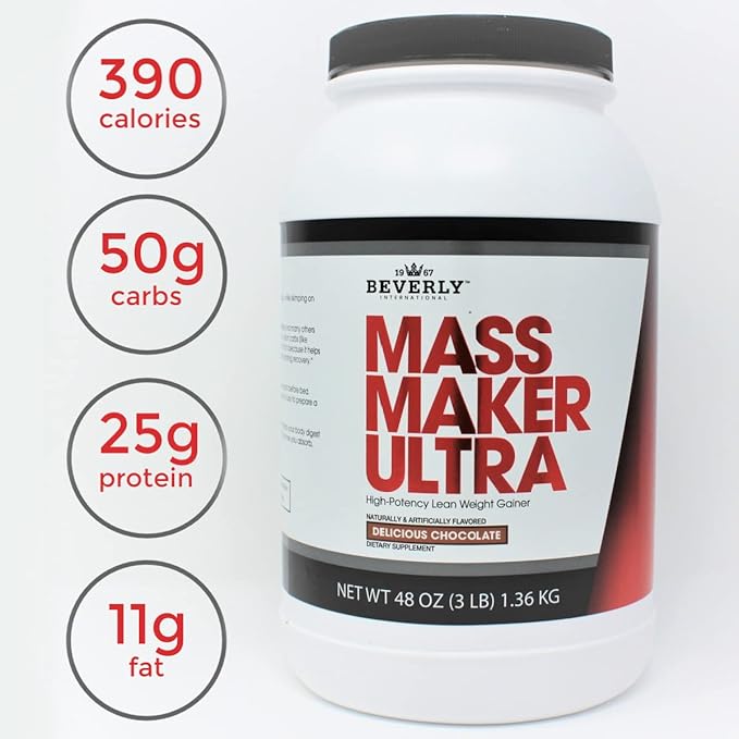 Beverly International Mass Maker Ultra Chocolate 14 Servings 3lb. Build Lean Mass Like a Pro. Milk Protein Isolate Whey Protein Isolate + Egg. MCT Oil. Clean Carbs Great Taste
