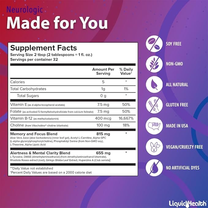 LIQUIDHEALTH Complete Multiple Daily Multivitamin &amp Neurologic Nootropic Liquid Vitamin Bundle for Adults - Boost Immune Support Improve Memory Focus &amp Concentration - Vegan Non-GMO Made i