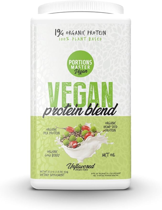 Portions Master Vegan Protein Blend Complete Plant Based Protein Powder with Pea Hemp Seed Goji Blend Medium Chain Triglycerides (750g Unflavored)