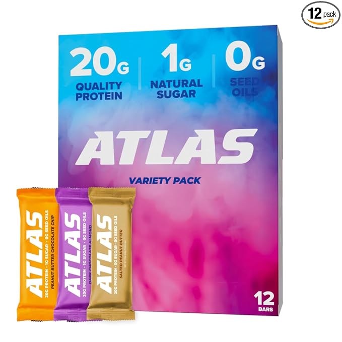 Atlas Real Food Protein Bar – 20g Clean Protein 1g Sugar No Seed Oils No Artificial Sweeteners (Variety 12 Count)