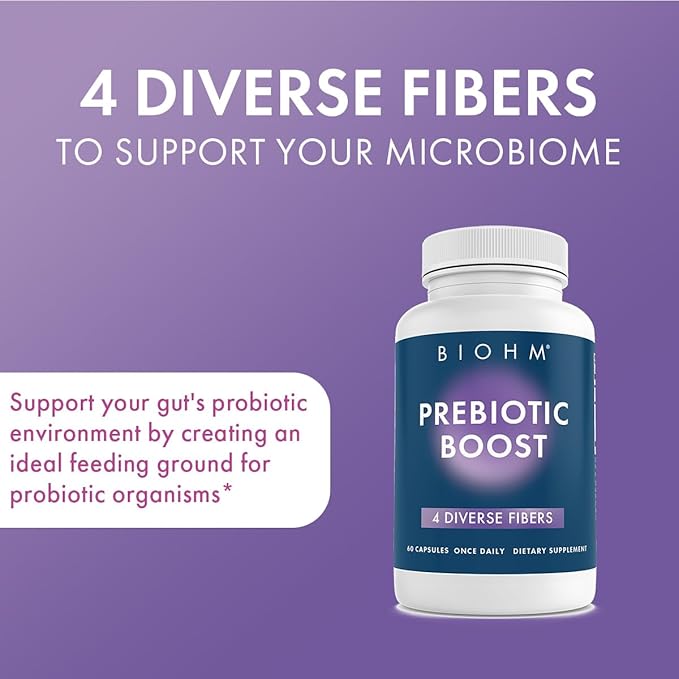 BIOHM Prebiotic Fiber Supplement (60 Capsules) 4 Diverse Dietary Fibers to Support Probiotic Environment Helps Improve Gut Health and Immune System Includes Inulin &amp Apple Pectin Powder