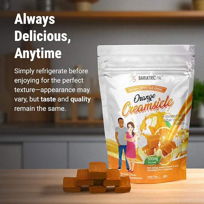BariatricPal Sugar-Free Calcium Citrate Soft Chews | 500mg with Vitamin D &amp Probiotics | Orange Creamsicle | 90 Count (1 Month Supply)