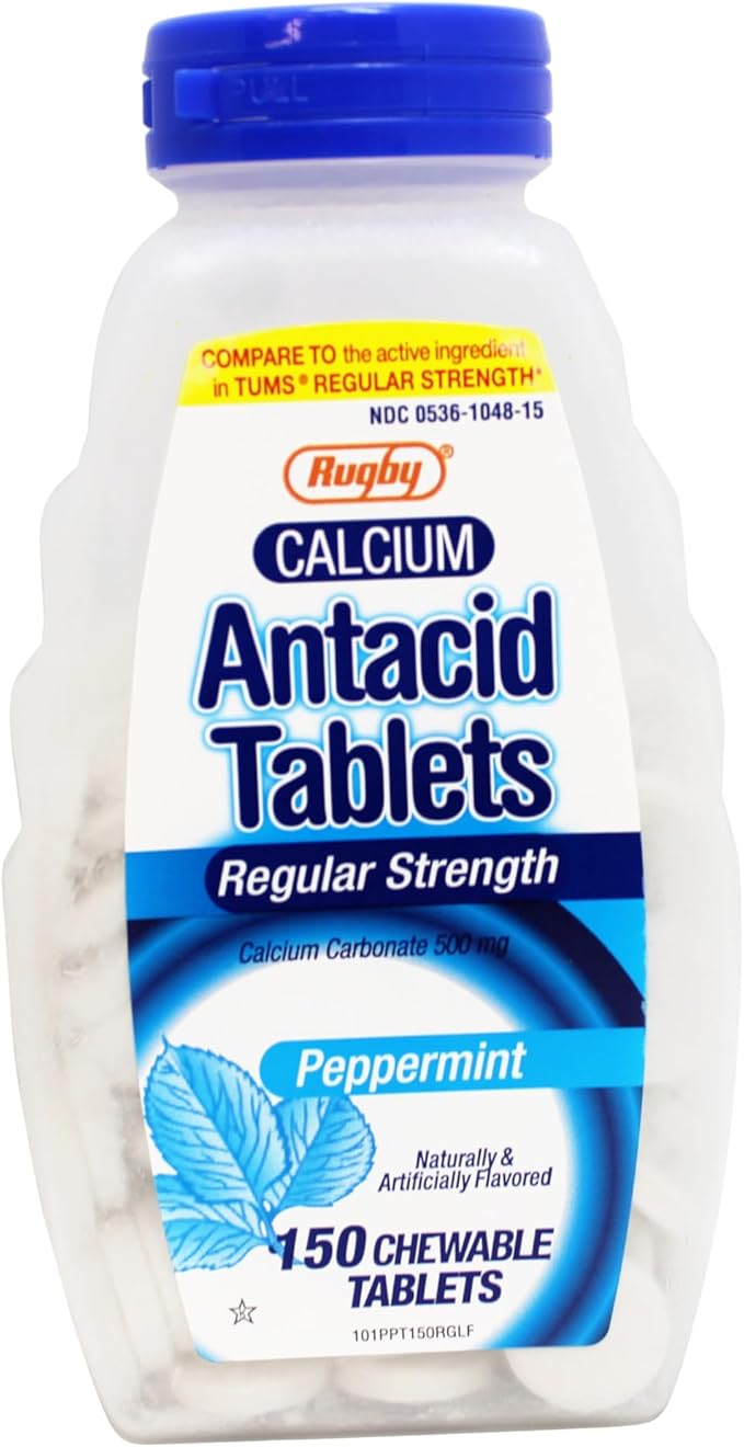 Rugby Calcium Carbonate 500mg Antacid Tablets Peppermint Regular Strengh 150 Chewable Tablets - 6 Pack