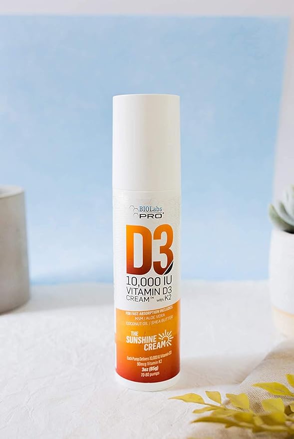 BIOLABS PRO All Natural Vitamin D3 10000IU Vitamin D Cream - Maximum Strength - Fight Vitamin D Deficiency Naturally - with Vitamin K2 &amp Olive Leaf Extract - Safe &amp Effective (10000IU - 3.0oz