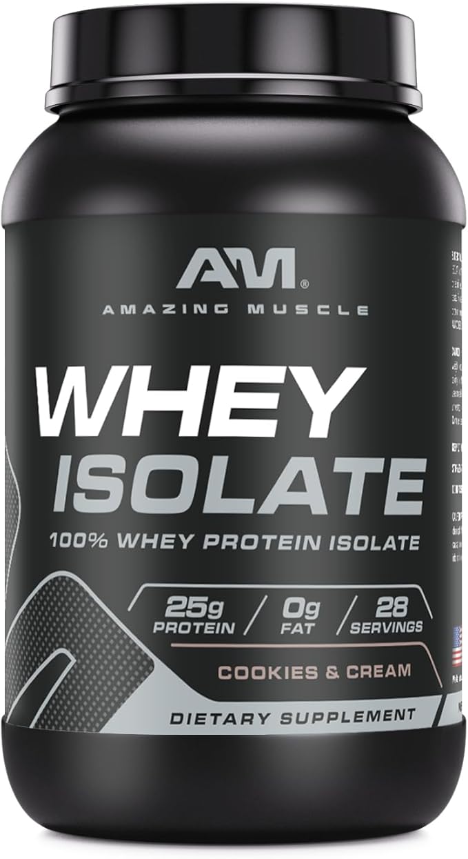 Amazing Muscle Whey Protein Isolate Powder | 25 Grams Protein Per Serving | 100% Whey Isolate | Zero Fat | Made in USA (2 LB Cookies &amp Cream)