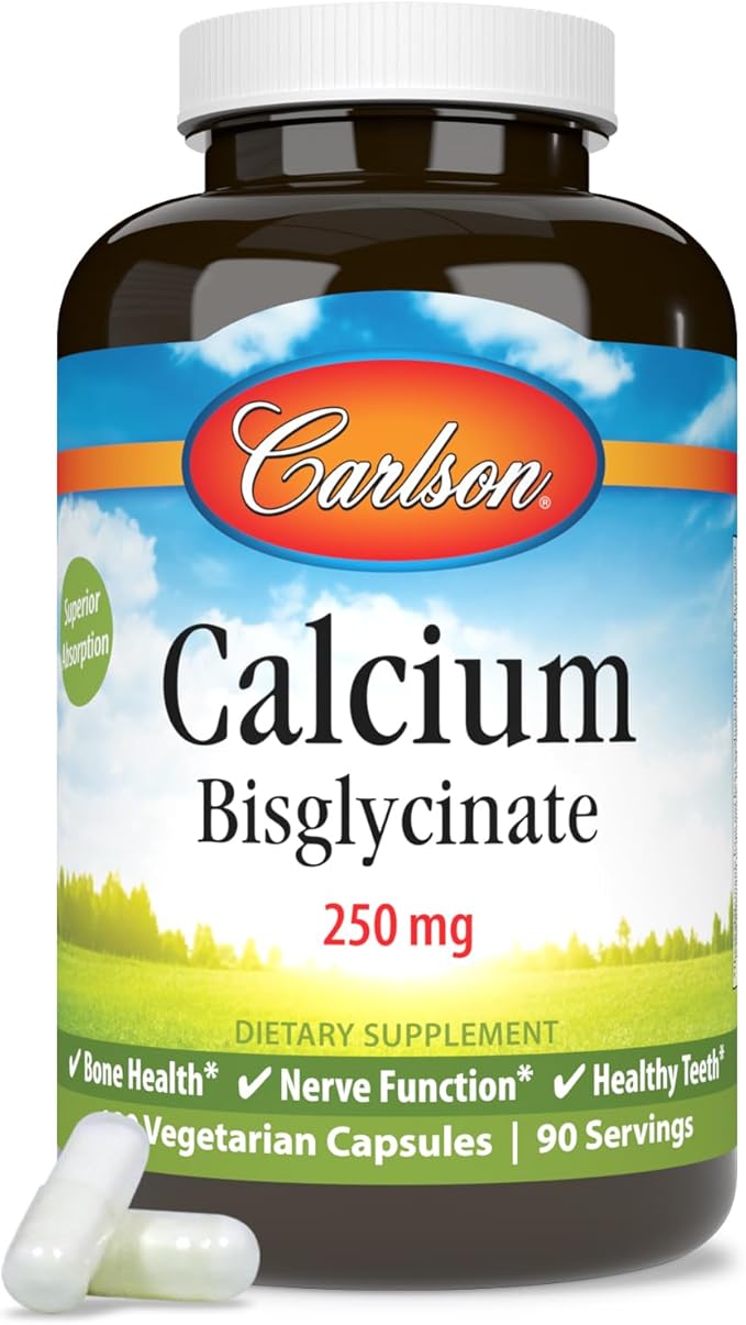 Carlson – Calcium Bisglycinate 250 mg Calcium for High Absorption Supports Healthy Bones and Teeth Gentle on Stomach Promotes Muscle Function 180 Count