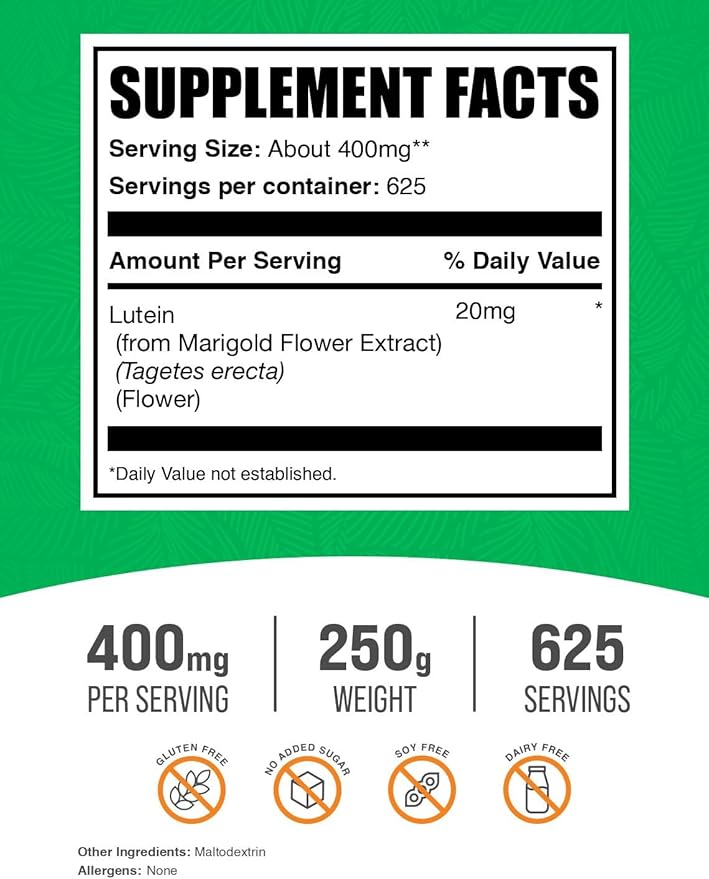 BulkSupplements.com Lutein Powder - from Marigold Flower Extract Eye Supplement Lutein 20mg - Antioxidant Source Gluten Free 400mg per Serving 250g (8.8 oz) (Pack of 1)