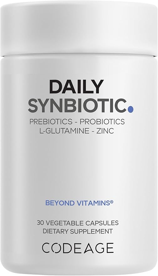Codeage Daily Synbiotic Supplement - Prebiotics Lactobacillus &amp Bifidobacterium Probiotics L-Glutamine Zinc L-Carnosine DGL Synbiotic Probiotic BioPerine - Shelf-Stable - 30 Capsules